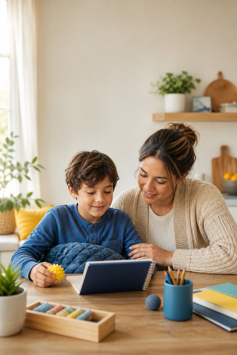 Parent and child using calming sensory tools together at a table