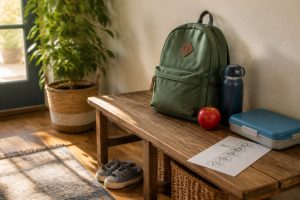 Backpack, water bottle, snack, shoes, and a routine card on a calm home entryway bench after school.