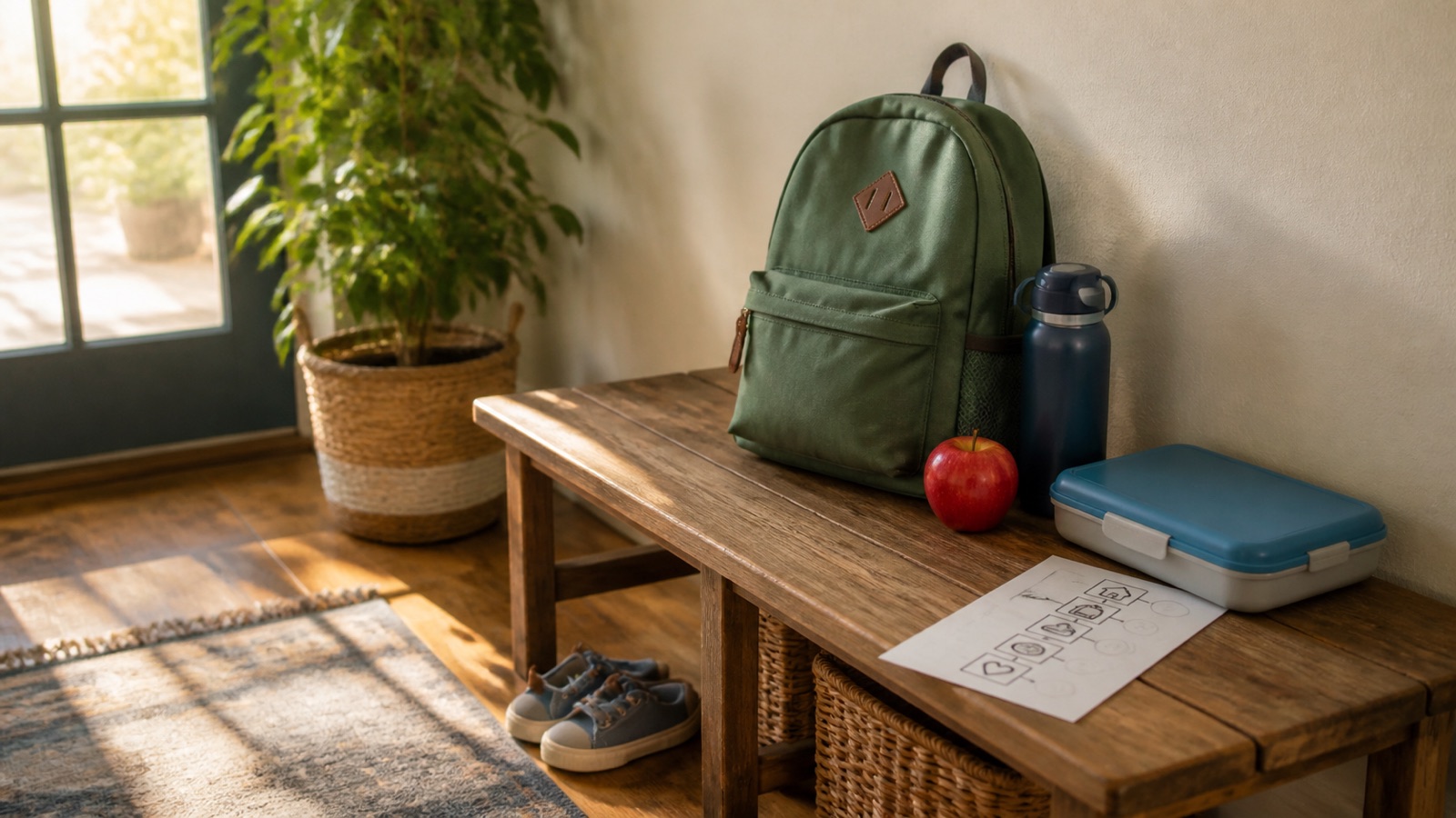 Backpack, water bottle, snack, shoes, and a routine card on a calm home entryway bench after school.