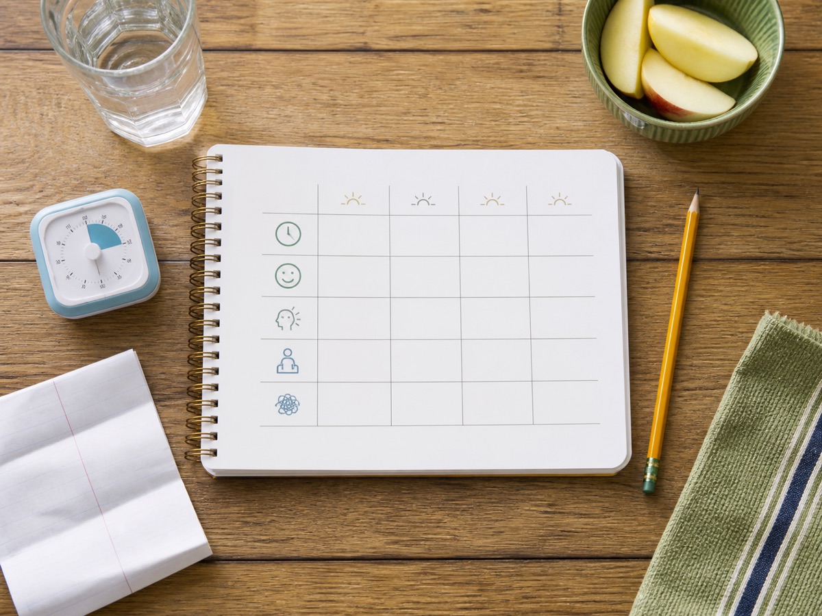 Notebook tracking grid with water, snack, timer, and pencil for observing after-school patterns.