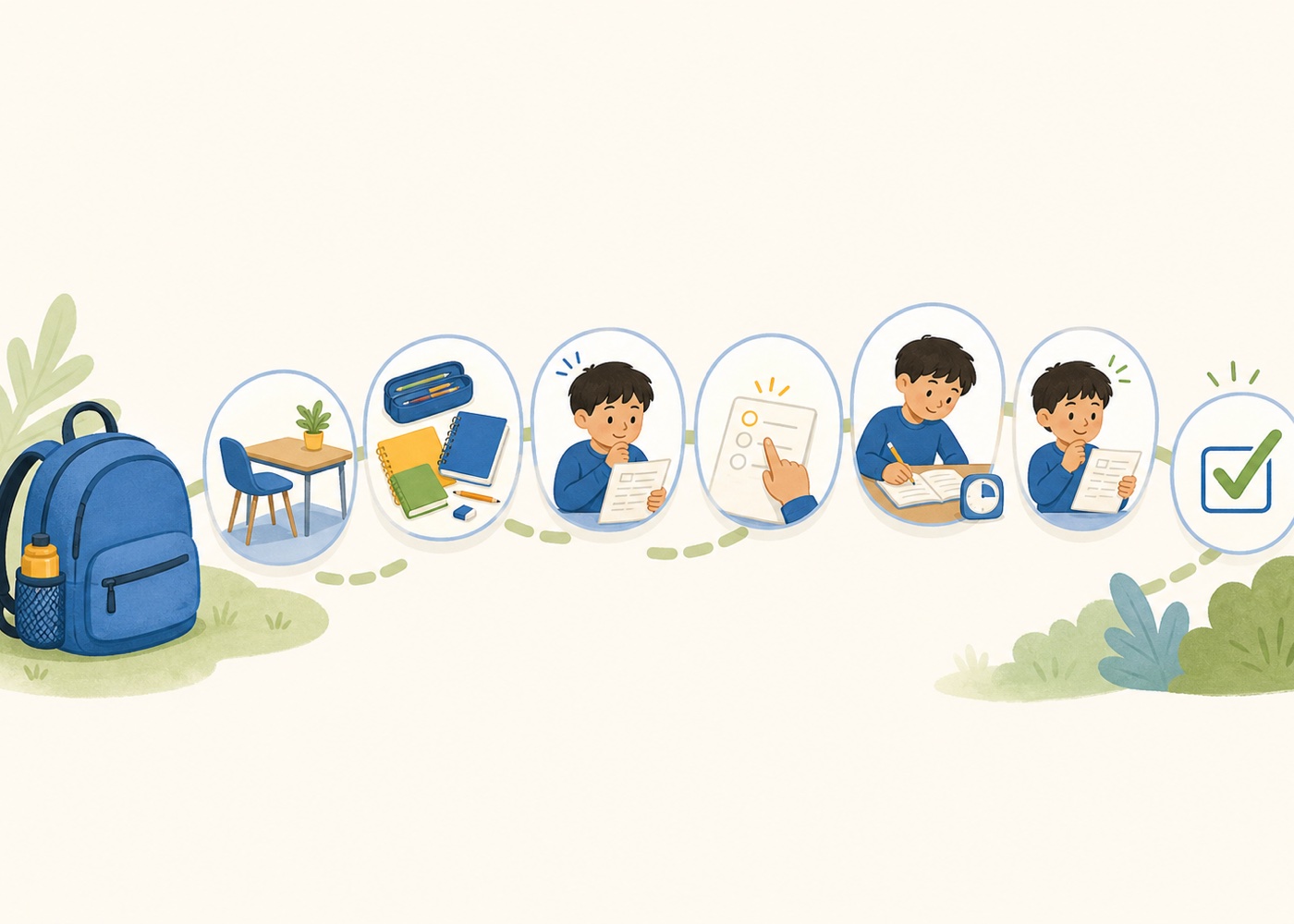 Illustration showing the hidden steps of homework, from unpacking materials and reading directions to choosing a first step and checking the work.