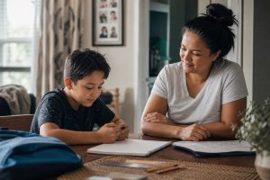 A calm parent sits beside a child as they prepare to start homework at the kitchen table.