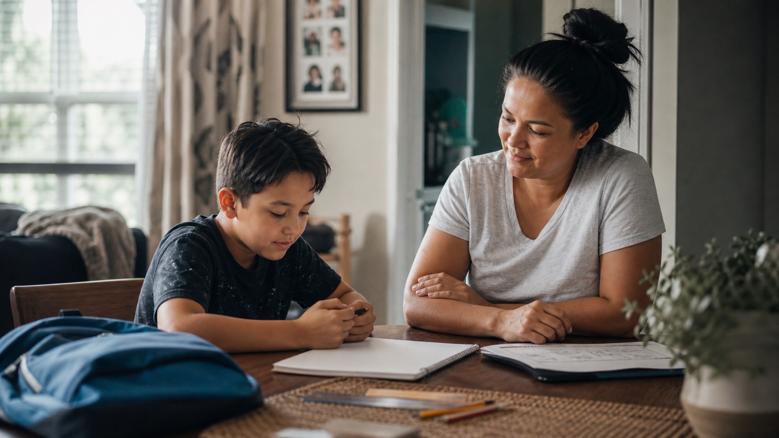 A calm parent sits beside a child as they prepare to start homework at the kitchen table.