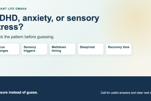 Branded Radiant Life Omaha tracker graphic titled ADHD, anxiety, or sensory stress? with cards for focus changes, sensory triggers, meltdown timing, sleep/rest, and recovery time.