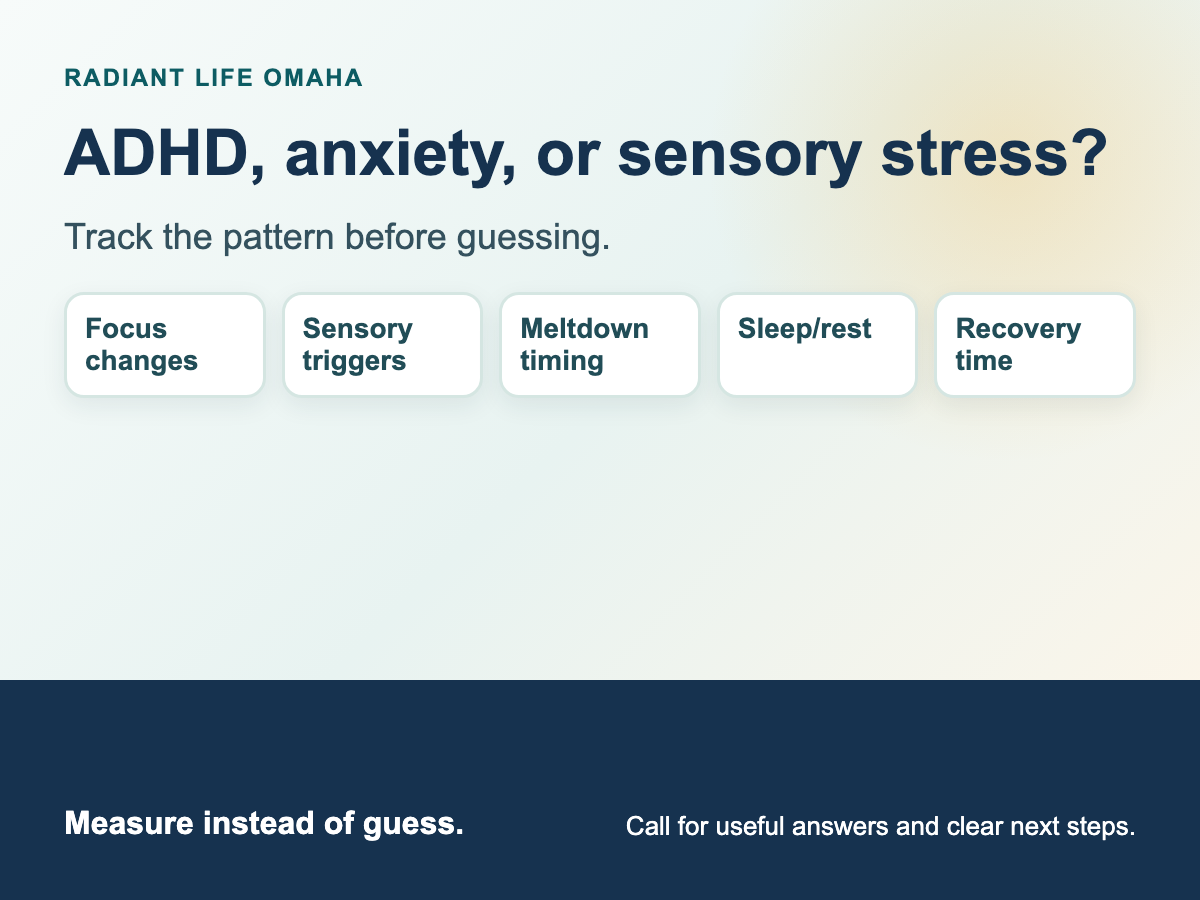 Five-part tracker helping parents record focus changes, sensory triggers, meltdown timing, sleep, and recovery time.