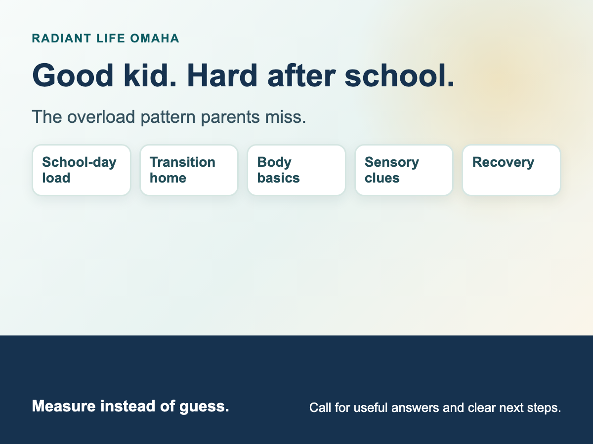 After-school overload tracker with columns for school-day load, transition, food and water, body cues, and recovery.