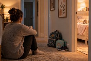 A parent sitting quietly outside a child's bedroom at bedtime with a backpack, lunchbox, and shoes nearby after a demanding school day.