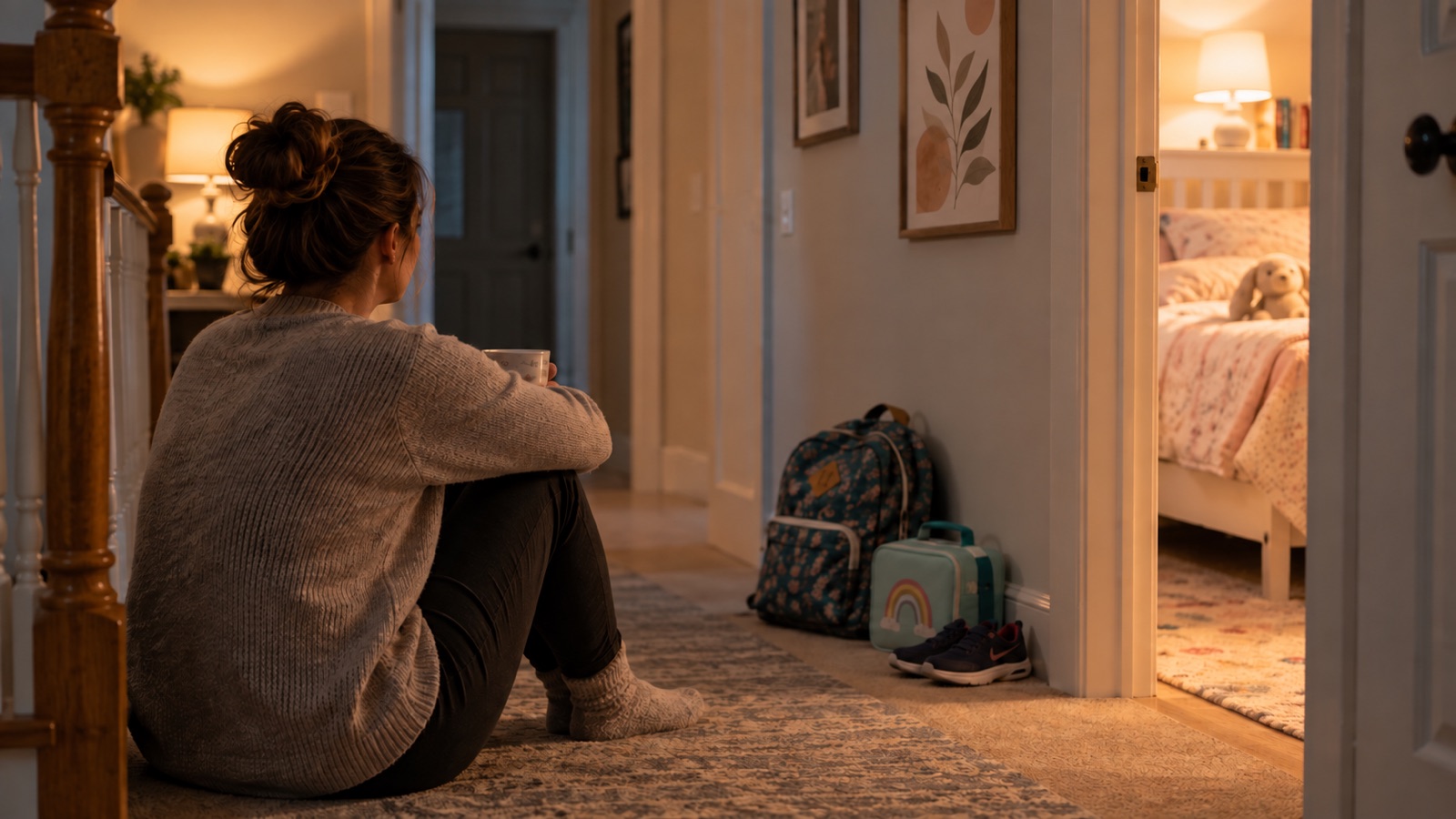 A parent sitting quietly outside a child's bedroom at bedtime with a backpack, lunchbox, and shoes nearby after a demanding school day.
