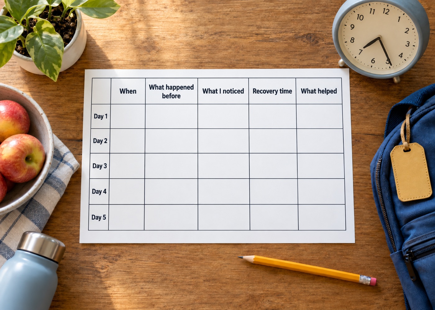 A five-day before-school tracker with columns for when, what happened before, what a parent noticed, recovery time, and what helped.