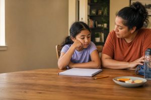A calm parent sits beside a tired child before starting homework at the dining table.