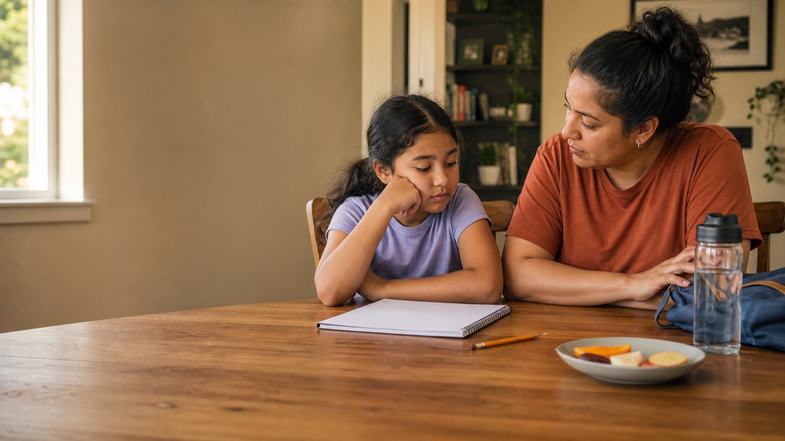 A calm parent sits beside a tired child before starting homework at the dining table.