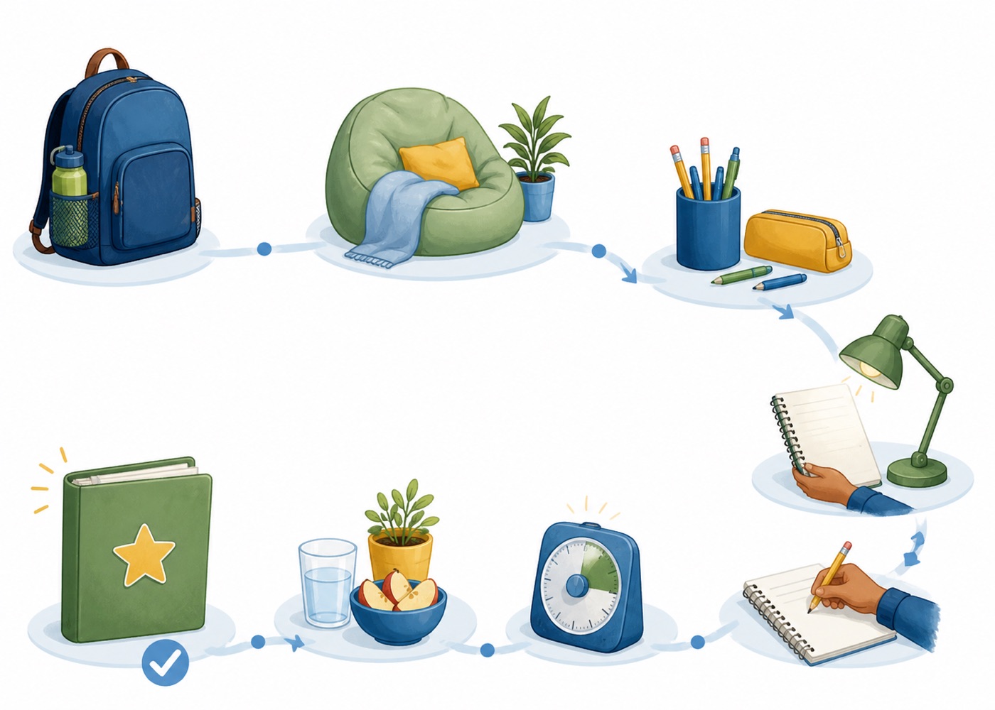 Illustration showing the hidden steps before homework starts, including readiness, supplies, directions, a first action, a timer, and a break.