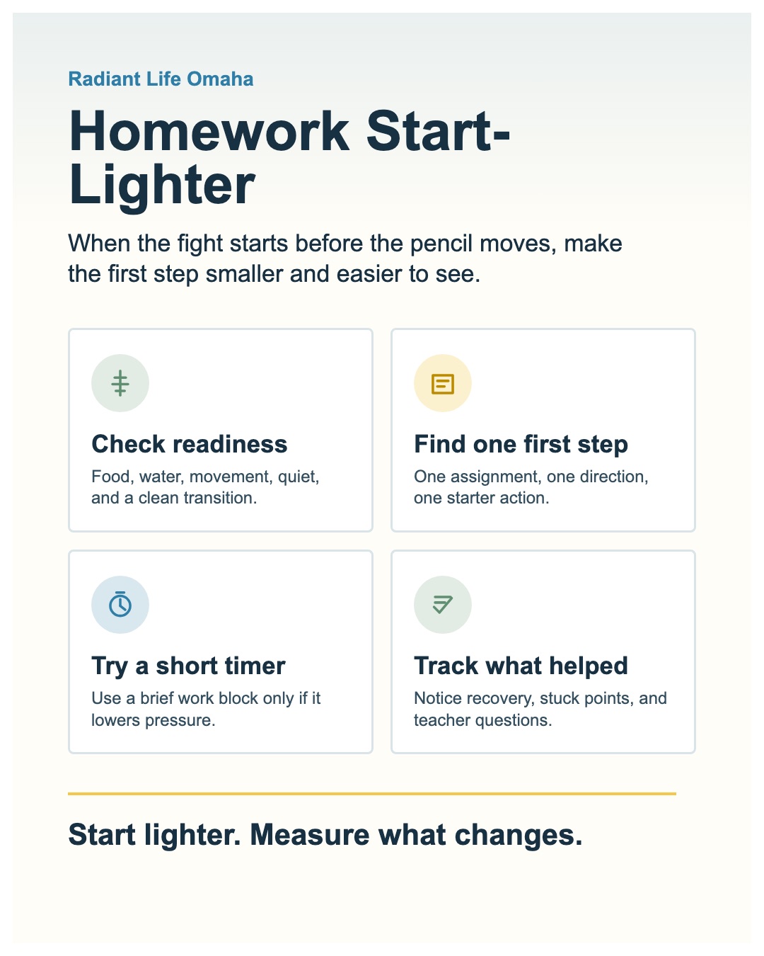 Homework Start-Lighter card with four steps: check readiness, find one first step, try a short timer, and track what helped.