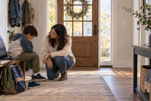 A parent calmly kneels beside a school-age child paused by the front door with one shoe on and a backpack nearby before school.
