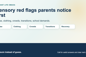 Radiant Life Omaha graphic titled Sensory red flags parents notice first, with labels for noise, clothing, crowds, transitions, and recovery.