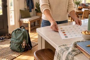 Parent setting an after-school overload tracker beside a backpack, snack, and school items at home.