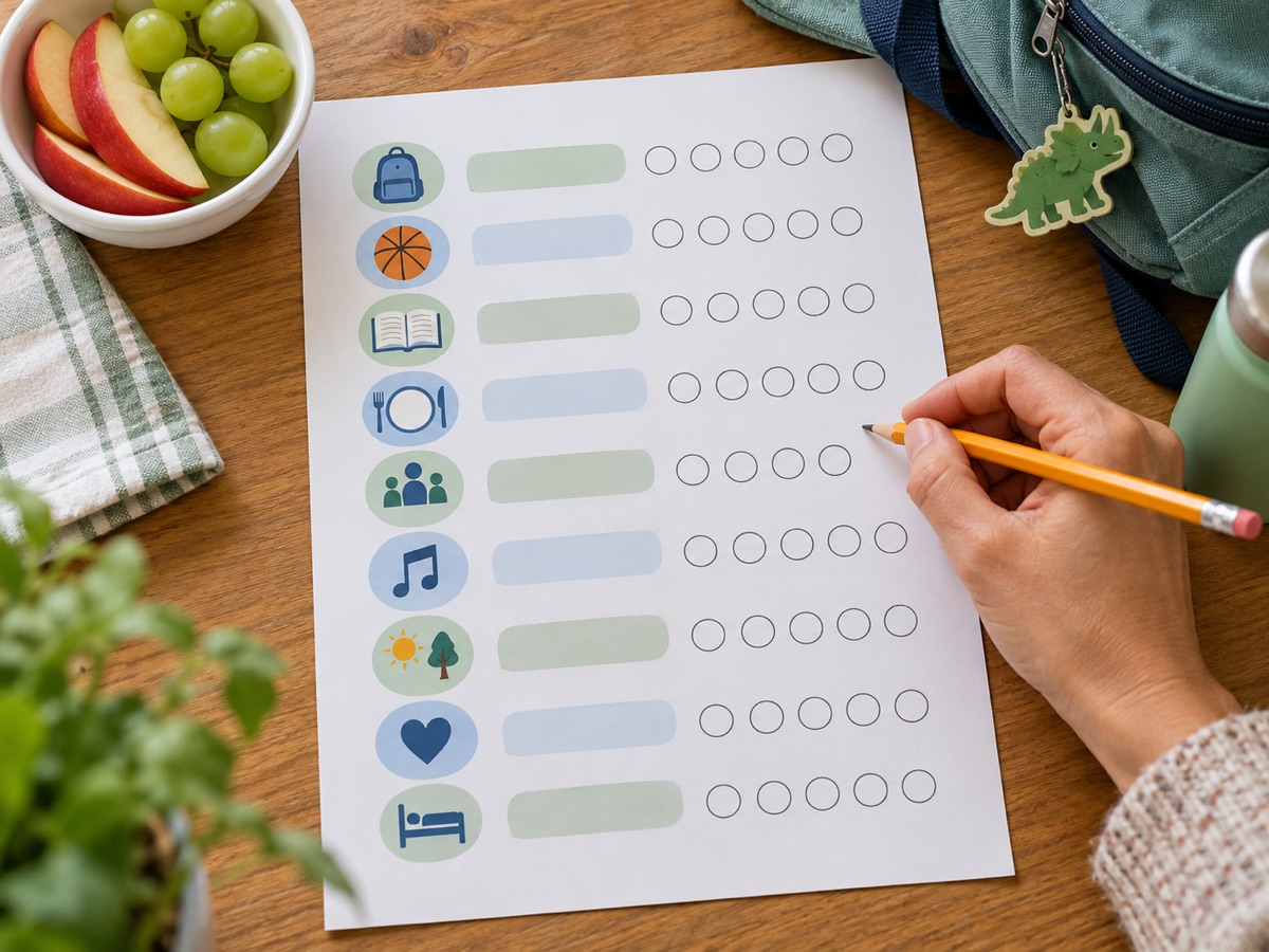 After-school overload tracker with icons and check circles for school arrival, food, transitions, sensory input, connection, movement, and rest.